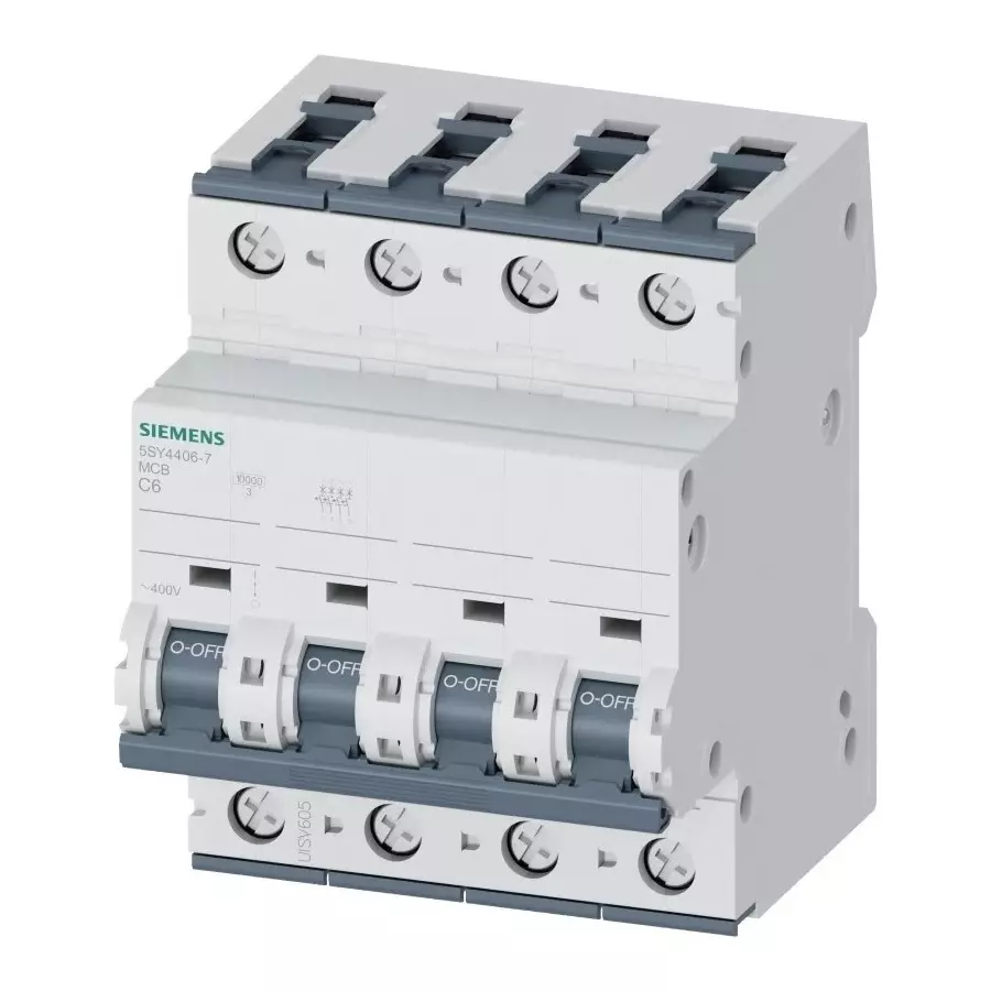 Siemens Sentron 5SY4 MCB, 4P, 6A Curve C, 400V AC, 10 kA Breaking Capacity, 5SY4406-7 Siemens Sentron 5SY4 MCB, 4P, 6A Curve C, 400V AC, 10 kA Breaking Capacity, 5SY4406-7