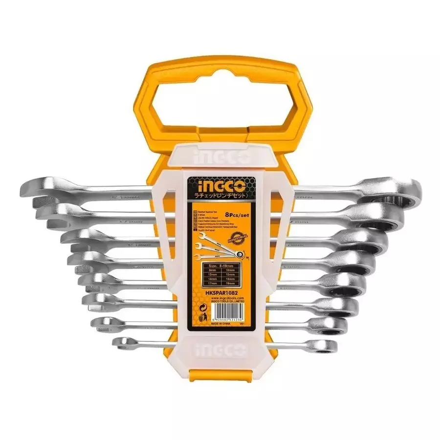 Ingco 8 Pcs Rachet Spanner Set Cr-Mo Steel Body and Size 8 to 19 mm, HKSPAR1082 Ingco 8 Pcs Rachet Spanner Set Cr-Mo Steel Body and Size 8 to 19 mm, HKSPAR1082