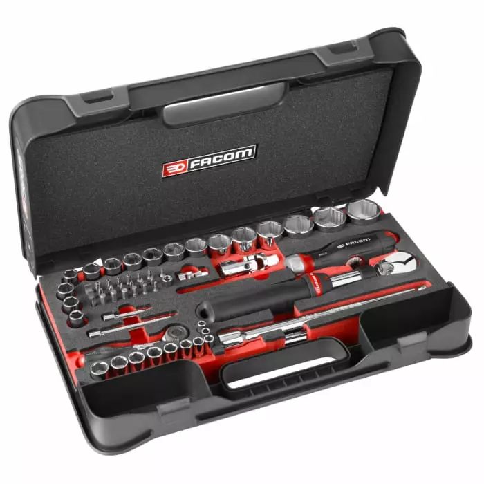 Facom 60-Piece Metric 1/2 in, 1/4 inch Bit Socket Set with Ratchet, 6 point, RS.GRPPB Facom 60-Piece Metric 1/2 in, 1/4 inch Bit Socket Set with Ratchet, 6 point, RS.GRPPB