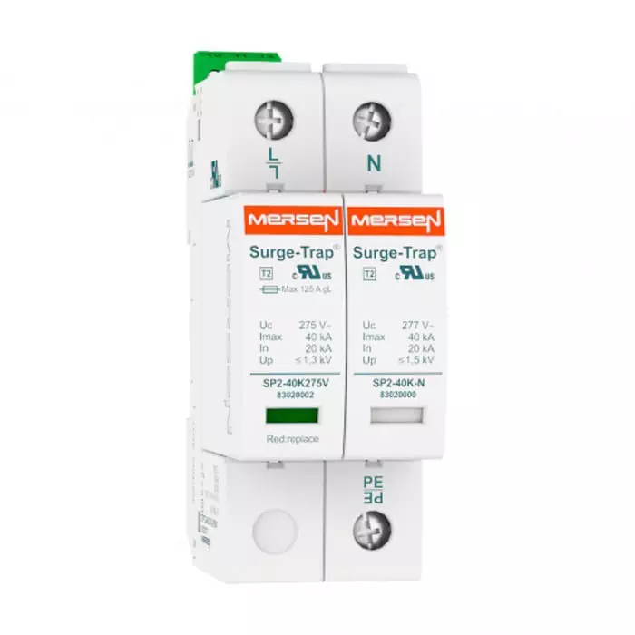 Mersen Surge Protector 40 kA 275 V AC DIN Rail Mount, 83020116 - STPT2-40K275V-2PG Mersen Surge Protector 40 kA 275 V AC DIN Rail Mount, 83020116 - STPT2-40K275V-2PG