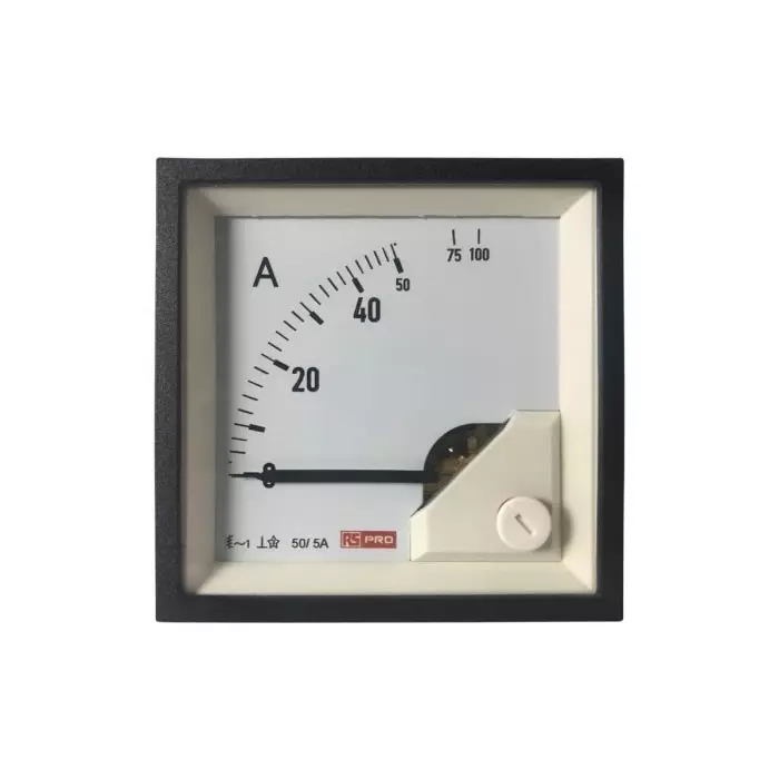 RS PRO Analogue Panel Ammeter 10 (Input) A 100 (Scle) A 50/5 (CT) A AC 68mm x 68mm 1 % Moving Iron RS PRO Analogue Panel Ammeter 10 (Input) A 100 (Scle) A 50/5 (CT) A AC 68mm x 68mm 1 % Moving Iron