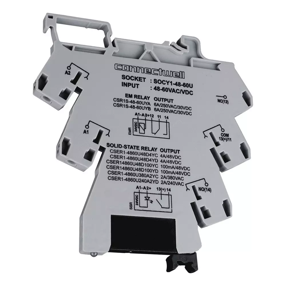 Connectwell Slim SSR Module 1NO Single Channel 4 A 48-60 VAC/DC with Plugable Relay Rail Mount, CSER1-4860U48D4YC Connectwell Slim SSR Module 1NO Single Channel 4 A 48-60 VAC/DC with Plugable Relay Rail Mount, CSER1-4860U48D4YC