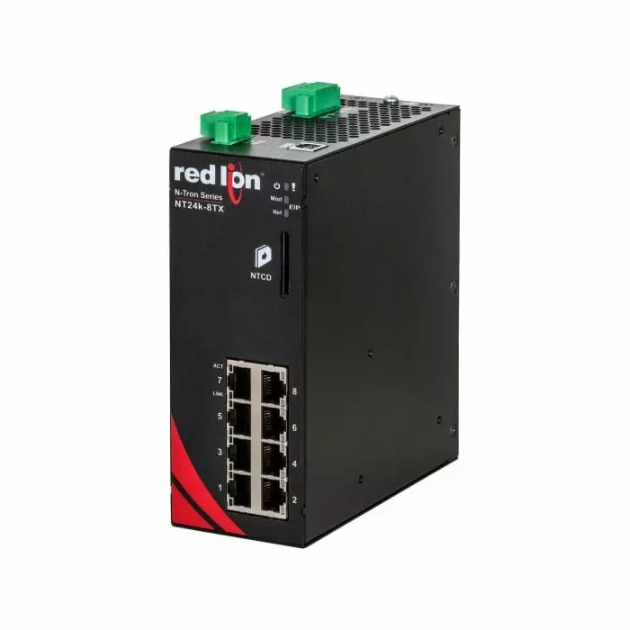 Red Lion NT24K Series DIN Rail Mount Ethernet Switch, 8 RJ45 Ports, 10/100/1000Mbit/s Transmission, 10 - 49V dc, NT24K-8TX-PT Red Lion NT24K Series DIN Rail Mount Ethernet Switch, 8 RJ45 Ports, 10/100/1000Mbit/s Transmission, 10 - 49V dc, NT24K-8TX-PT