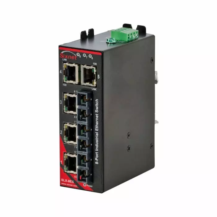 Red Lion SLX Series DIN Rail Mount Ethernet Switch, 5 RJ45 Ports, 10/100Mbit/s Transmission, 10 - 30V dc, SLX-8ES-6SC Red Lion SLX Series DIN Rail Mount Ethernet Switch, 5 RJ45 Ports, 10/100Mbit/s Transmission, 10 - 30V dc, SLX-8ES-6SC
