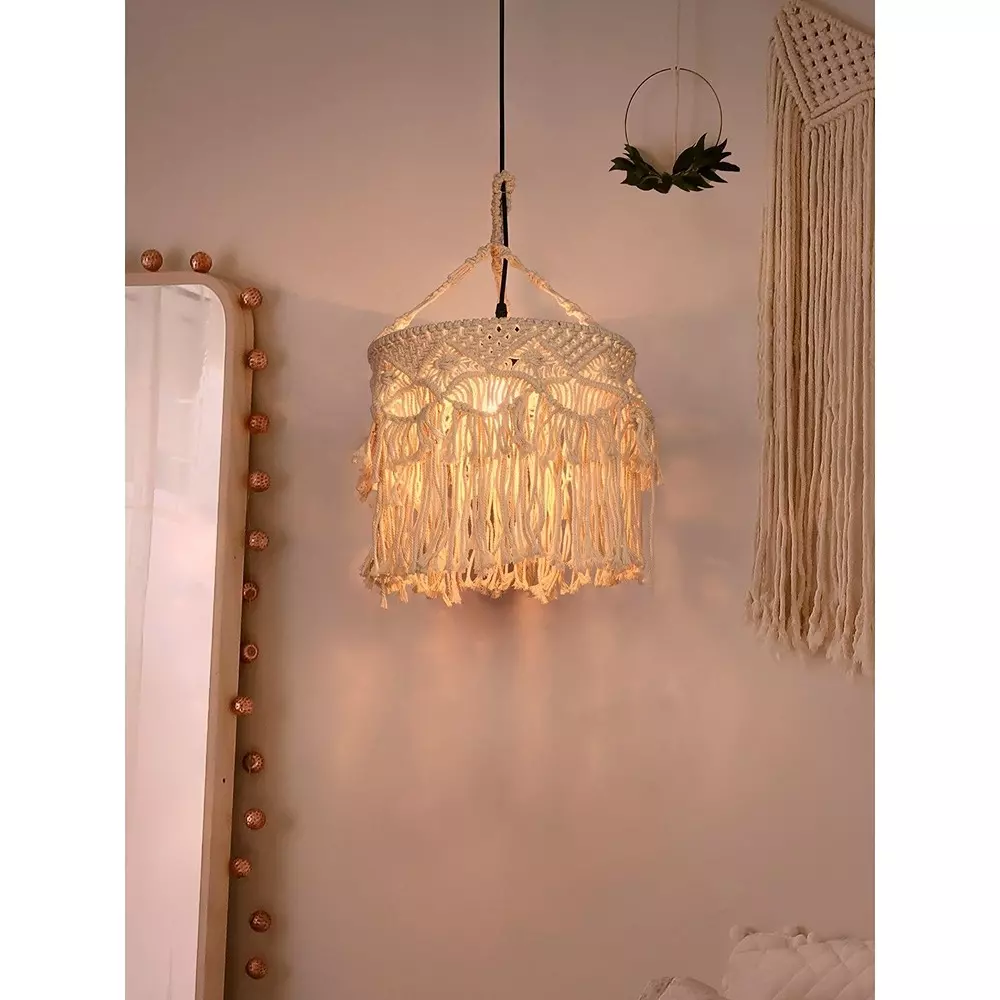 Buy fos-lighting-hanging-light-e27-natural-finish-40-w-macramedrumknot-nat0-12-hl1 Fos Lighting Bohemian Hanging Light Natural White Macrame Drum 12 inch (30.48 cm) 40 W