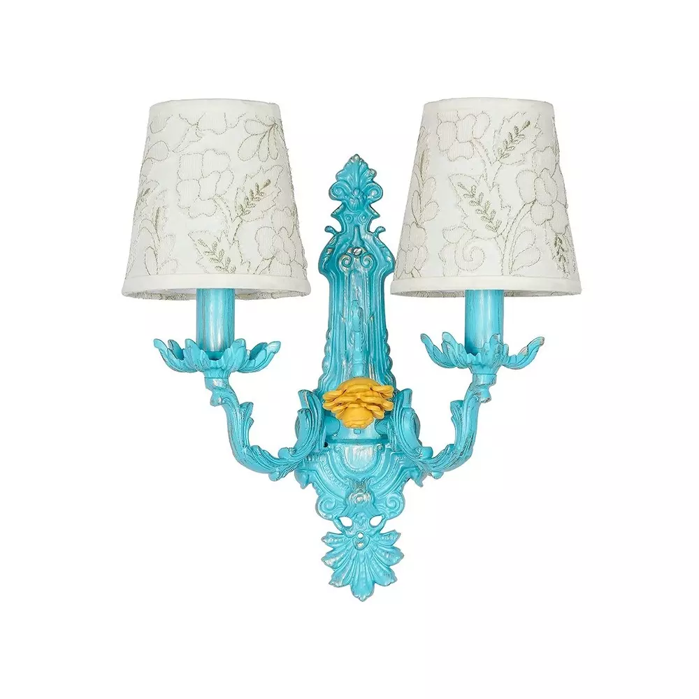 Fos Lighting Wall Sconce Light with Yellow Flower Accent and Embroidered Fabric Shades Blue Ornate 40 W Fos Lighting Wall Sconce Light with Yellow Flower Accent and Embroidered Fabric Shades Blue Ornate 40 W