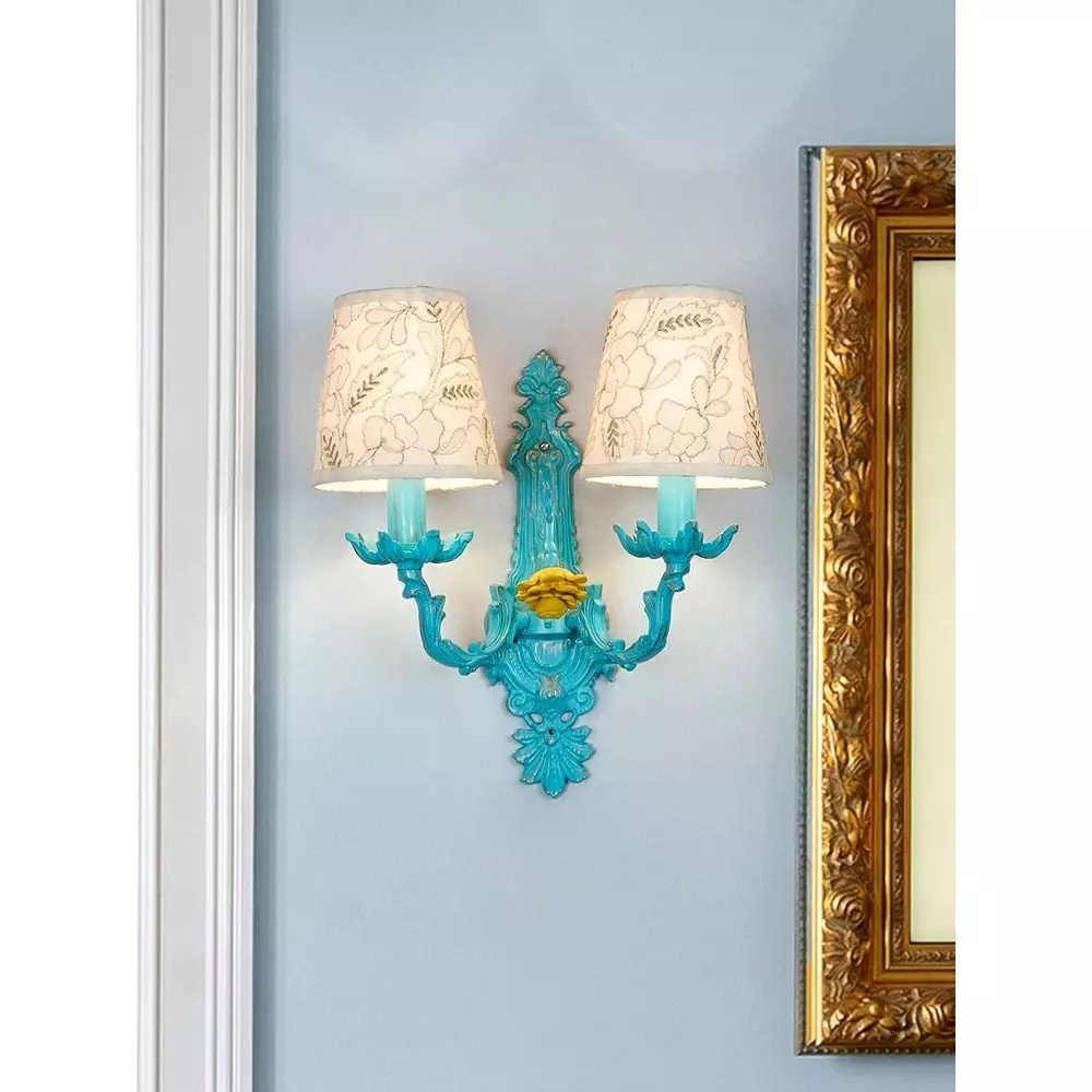 Buy fos-lighting-wall-light-e14-matte-finish-40-w-blueyellowflr-al-192emb6-wl2 Fos Lighting Wall Sconce Light with Yellow Flower Accent and Embroidered Fabric Shades Blue Ornate 40 W