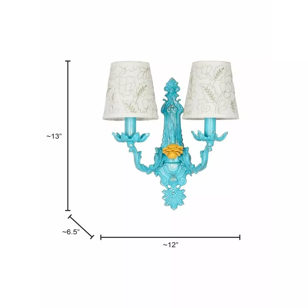 Best fos-lighting-wall-light-e14-matte-finish-40-w-blueyellowflr-al-192emb6-wl2 Fos Lighting Wall Sconce Light with Yellow Flower Accent and Embroidered Fabric Shades Blue Ornate 40 W