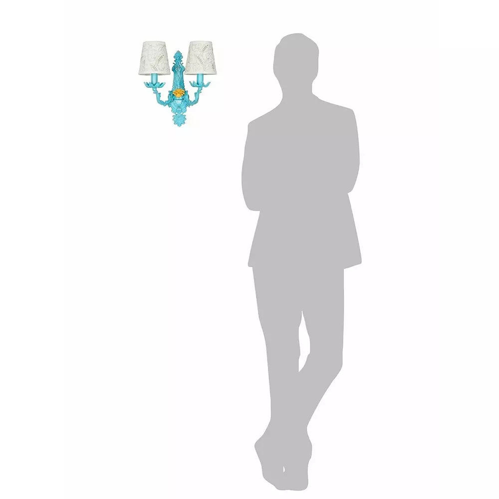 Shop fos-lighting-wall-light-e14-matte-finish-40-w-blueyellowflr-al-192emb6-wl2 Fos Lighting Wall Sconce Light with Yellow Flower Accent and Embroidered Fabric Shades Blue Ornate 40 W