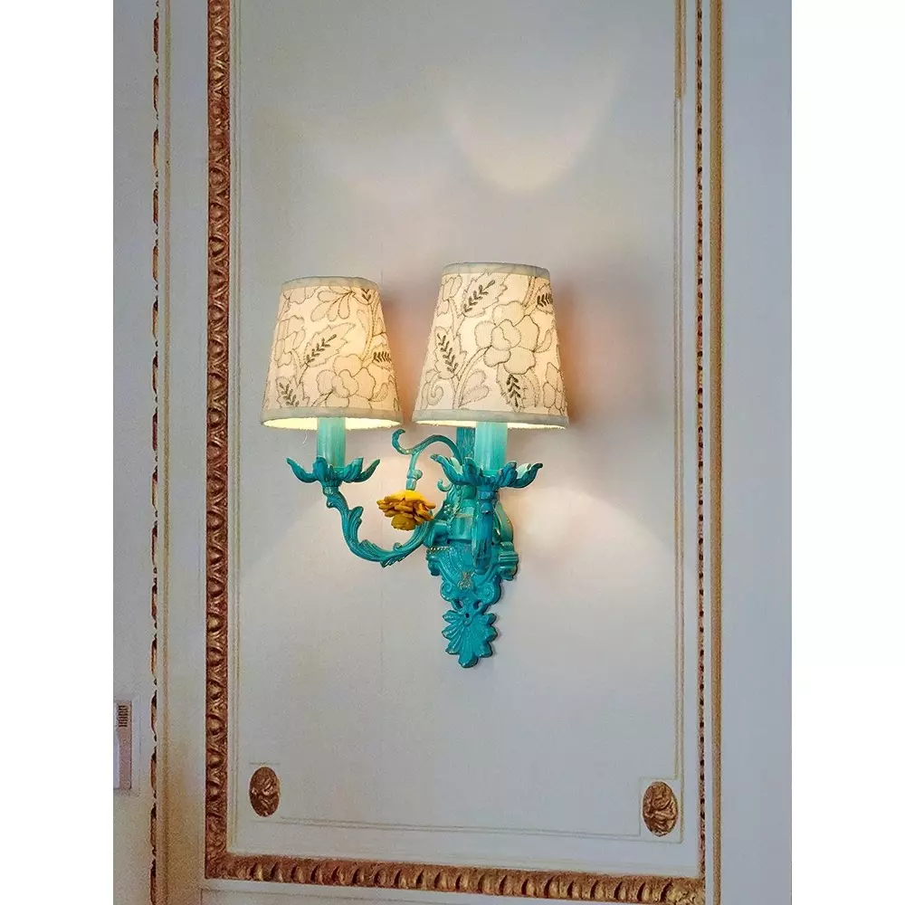 Product fos-lighting-wall-light-e14-matte-finish-40-w-blueyellowflr-al-192emb6-wl2 Fos Lighting Wall Sconce Light with Yellow Flower Accent and Embroidered Fabric Shades Blue Ornate 40 W