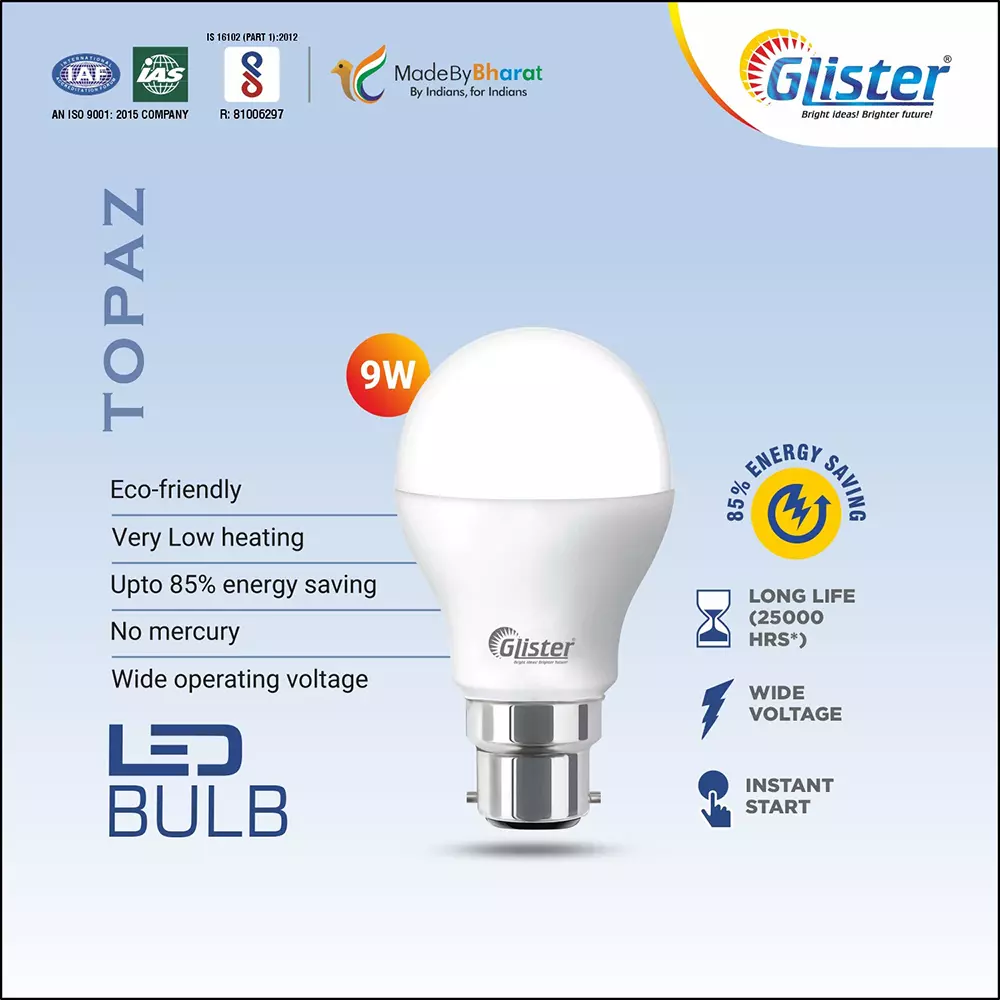 Buy glister-12-9-w-led-bulb-6500k-color-temperature-b22-bulb-base-white-pack-of-5 Glister 12 + 9 W LED Bulb 6500K Color Temperature B22 Bulb Base White (Pack of 5)