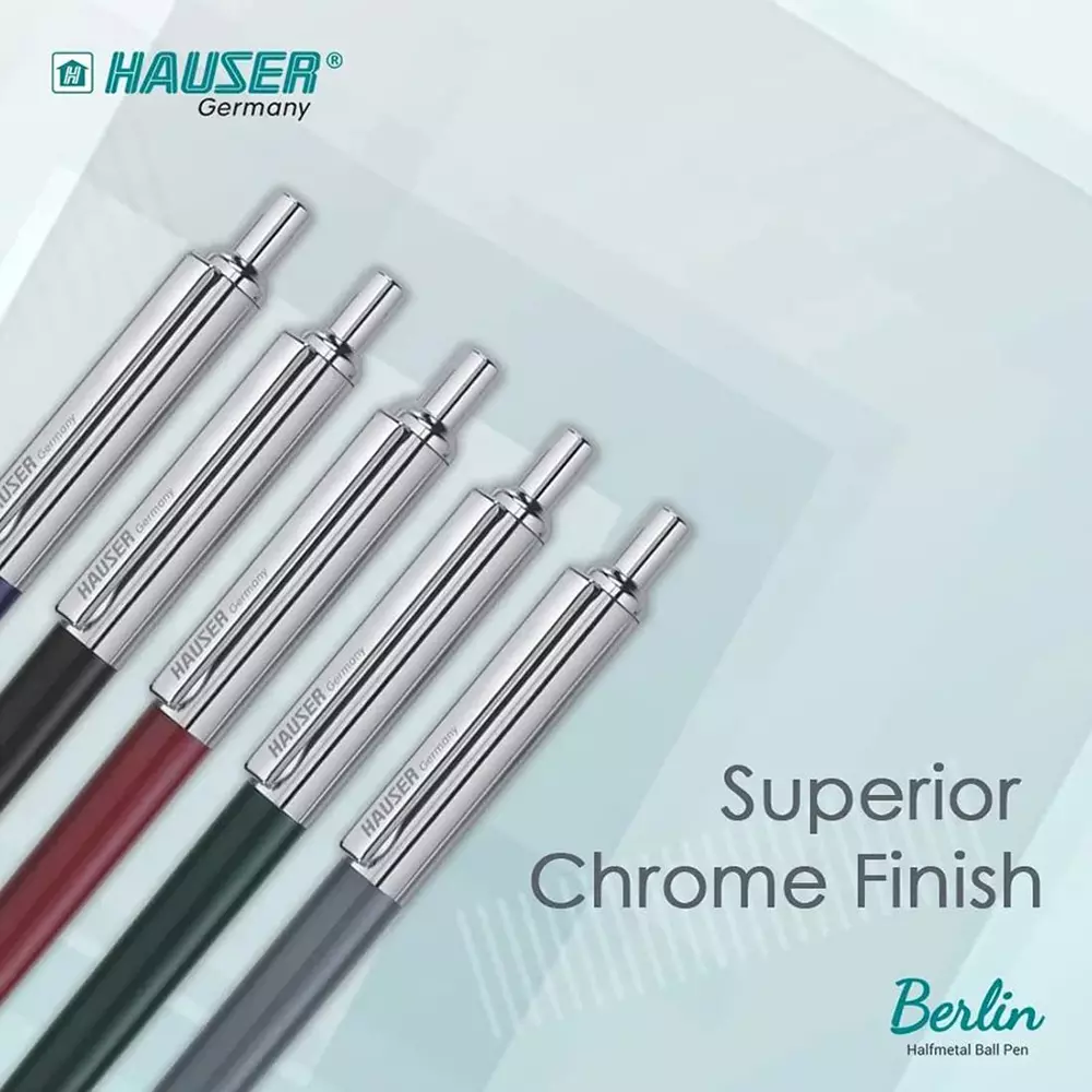 Product hauser-half-metal-ball-pen-box-blue-pack-of-5-pcs Hauser Half Metal Ball Pen with Retractable Mechanism & Smudge Free Writing Blue Ink Color (Pack of 5 Pcs)