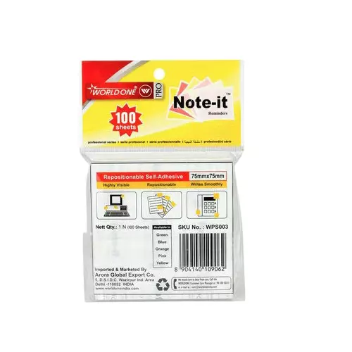 Shop worldone-self-sticky-notes-75x50-mm-square-wps002 Worldone Self Sticky Notes Assorted Color 75x50 mm Square, WPS002