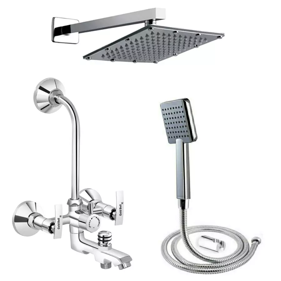 Image gold-bell-prime-brass-3-in-1-wall-mixer-set-with-8x8-inch-ss-sandwich-overhead-15-inch-ss-arm-hand-shower-3-1-siya-soft-8s-15a-cp Gold Bell Prime Brass 3 In 1 Wall Mixer Set with 203X203 mm(8X8 Inch) SS Sandwich Overhead 381 mm(15 Inch) SS Arm Hand Shower, 3-1-Siya-Soft-8S-15A-CP