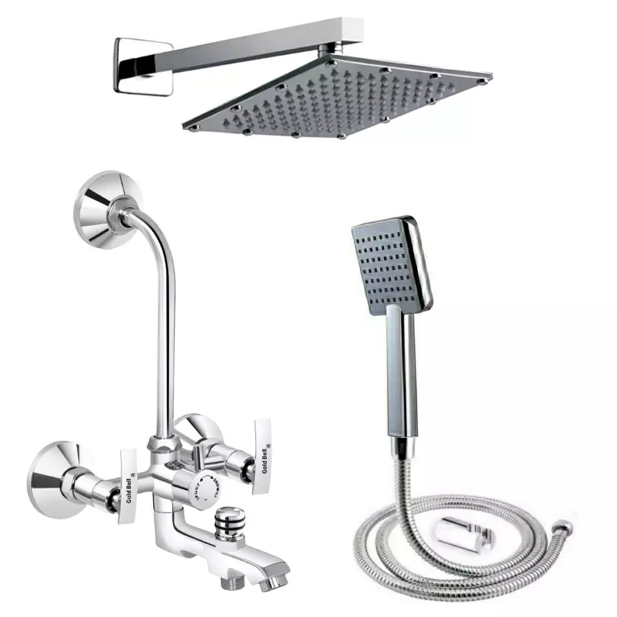 Picture gold-bell-prime-brass-3-in-1-wall-mixer-set-with-8x8-inch-ss-sandwich-overhead-15-inch-ss-arm-hand-shower-3-1-siya-soft-8s-15a-cp Gold Bell Prime Brass 3 In 1 Wall Mixer Set with 203X203 mm(8X8 Inch) SS Sandwich Overhead 381 mm(15 Inch) SS Arm Hand Shower, 3-1-Siya-Soft-8S-15A-CP