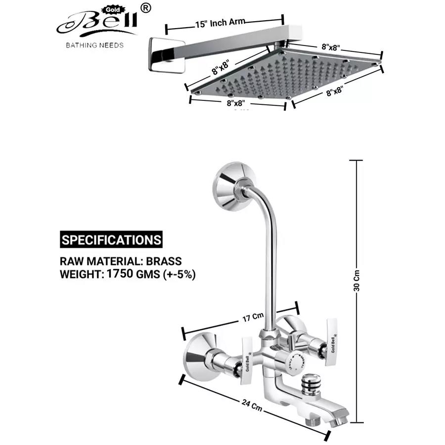 Offer gold-bell-prime-brass-3-in-1-wall-mixer-set-with-8x8-inch-ss-sandwich-overhead-15-inch-ss-arm-hand-shower-3-1-siya-soft-8s-15a-reg Gold Bell Prime Brass 3 In 1 Wall Mixer Set with 203X203 mm(8X8 Inch) SS Sandwich Overhead 381 mm(15 Inch) SS Arm Hand Shower, 3-1-Siya-Soft-8S-15A-Reg