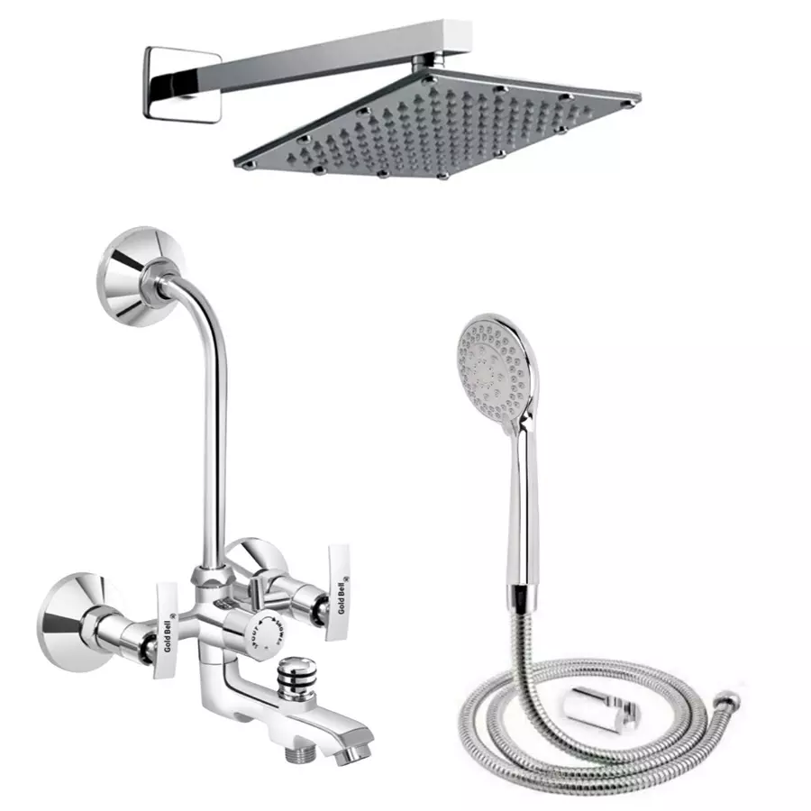 Image gold-bell-prime-brass-3-in-1-wall-mixer-set-with-8x8-inch-ss-sandwich-overhead-15-inch-ss-arm-hand-shower-3-1-siya-soft-8s-15a-reg Gold Bell Prime Brass 3 In 1 Wall Mixer Set with 203X203 mm(8X8 Inch) SS Sandwich Overhead 381 mm(15 Inch) SS Arm Hand Shower, 3-1-Siya-Soft-8S-15A-Reg