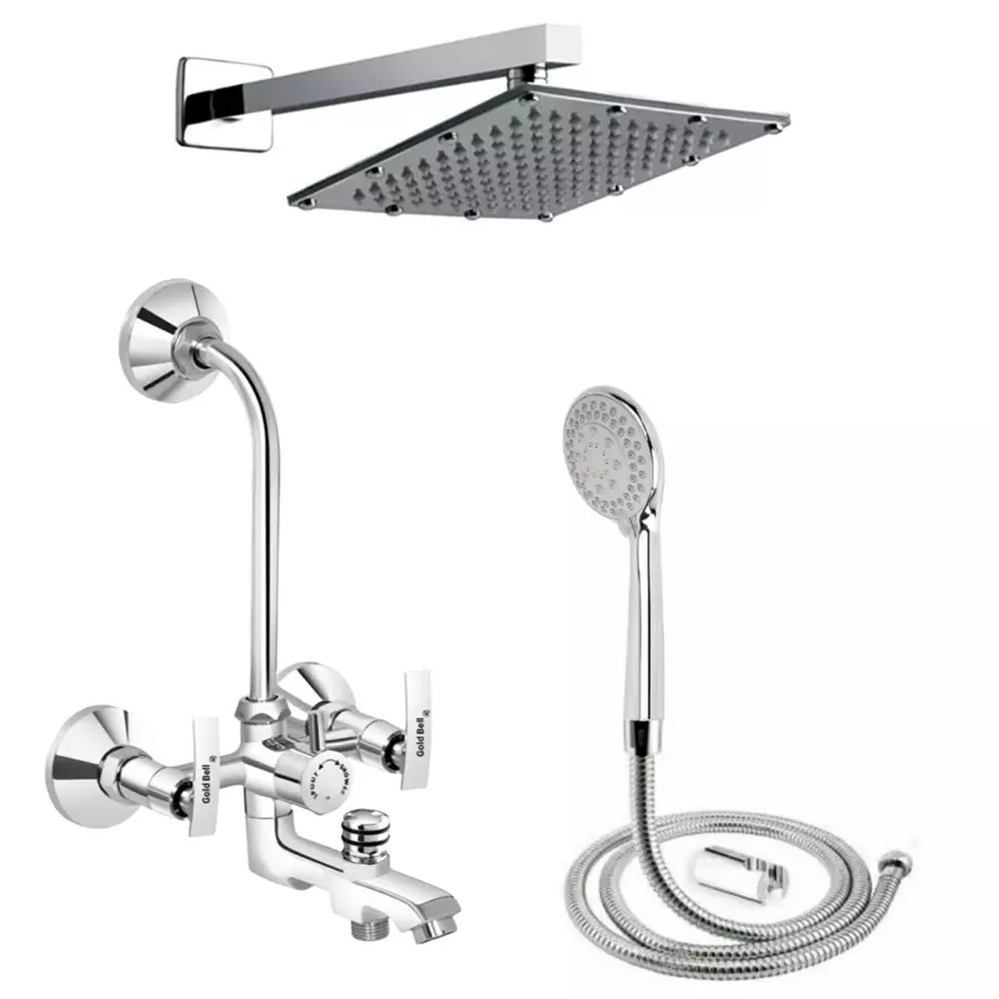 Picture gold-bell-prime-brass-3-in-1-wall-mixer-set-with-8x8-inch-ss-sandwich-overhead-15-inch-ss-arm-hand-shower-3-1-siya-soft-8s-15a-reg Gold Bell Prime Brass 3 In 1 Wall Mixer Set with 203X203 mm(8X8 Inch) SS Sandwich Overhead 381 mm(15 Inch) SS Arm Hand Shower, 3-1-Siya-Soft-8S-15A-Reg