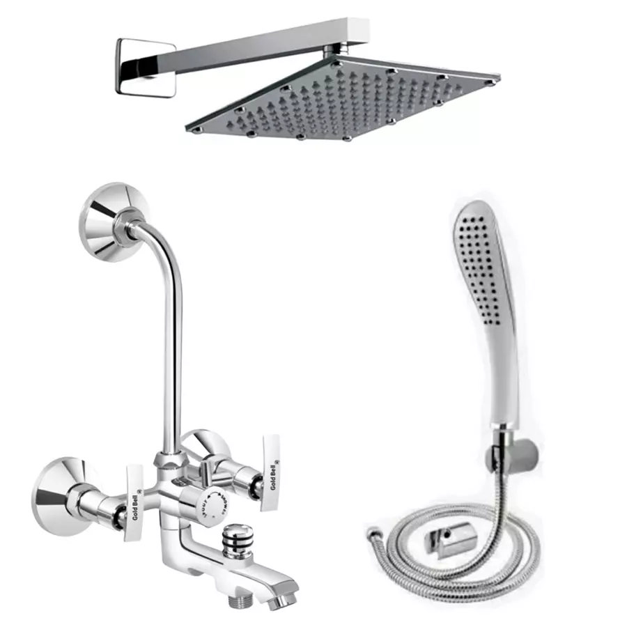Image gold-bell-prime-brass-3-in-1-wall-mixer-set-with-8x8-inch-ss-sandwich-overhead-15-inch-ss-arm-hand-shower-3-1-siya-soft-8s-15a-fish Gold Bell Prime Brass 3 In 1 Wall Mixer Set with 203X203 mm(8X8 Inch) SS Sandwich Overhead 381 mm(15 Inch) SS Arm Hand Shower, 3-1-Siya-Soft-8S-15A-Fish
