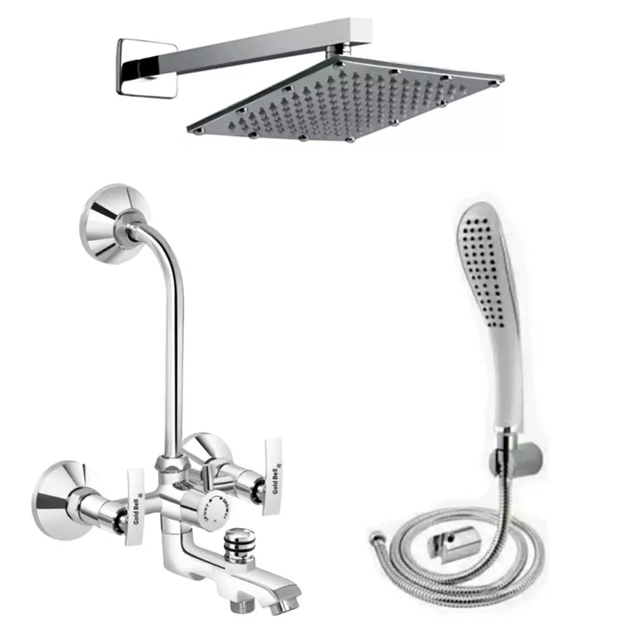Picture gold-bell-prime-brass-3-in-1-wall-mixer-set-with-8x8-inch-ss-sandwich-overhead-15-inch-ss-arm-hand-shower-3-1-siya-soft-8s-15a-fish Gold Bell Prime Brass 3 In 1 Wall Mixer Set with 203X203 mm(8X8 Inch) SS Sandwich Overhead 381 mm(15 Inch) SS Arm Hand Shower, 3-1-Siya-Soft-8S-15A-Fish