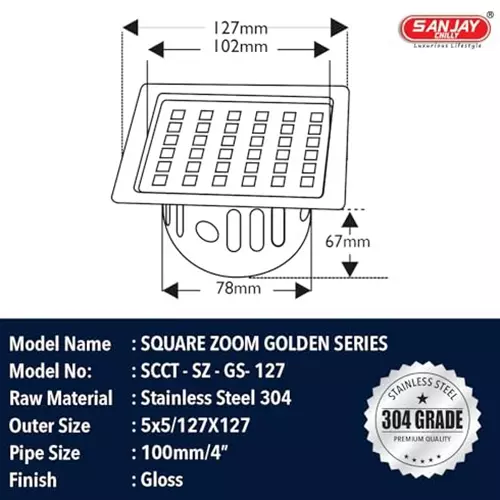 Order sanjay-chilly-square-floor-drainer-with-cockroach-trap-brushed-bronze-127-x-127-mm-square-zoom-gs Sanjay Chilly Square Zoom Floor Drainer With Cockroach Trap Silver 127 x 127 mm, SCCT-SZ-GS-127