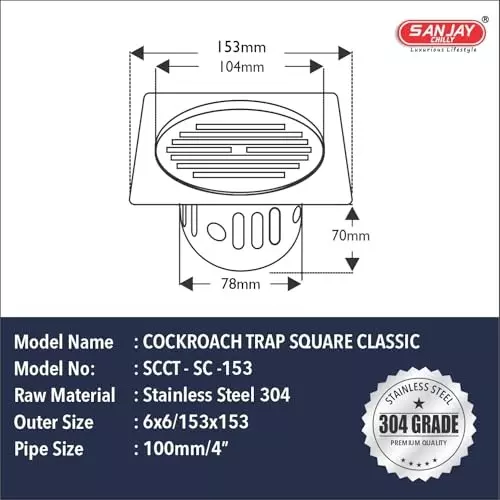 Order sanjay-chilly-square-classic-floor-drainer-with-cockroach-trap-silver-1524-x-1524-mm-scct-sc-153 Sanjay Chilly Square Classic Floor Drainer with Cockroach Trap Silver 153 x 153 mm, SCCT-SC-153