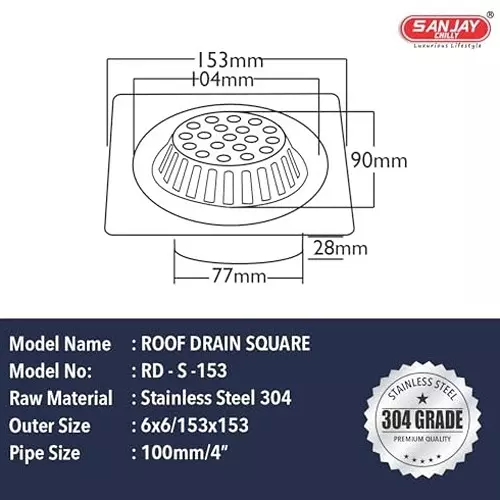 Best sanjay-chilly-roof-drainer-silver-1524-x-1524-mm-6-x-6-inch-rd-s-153 Sanjay Chilly Roof Drainer Silver 152.4 x 152.4 mm (6 x 6 inch), RD-S-153