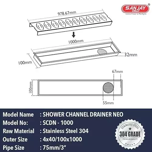 Buy sanjay-chilly-shower-drain-channel-silver-1016-x-1016-mm-4-x-40-inch-scdn-1000 Sanjay Chilly Shower Drain Channel Silver 100x1000 mm (4 x 40 inch), SCDN- 1000