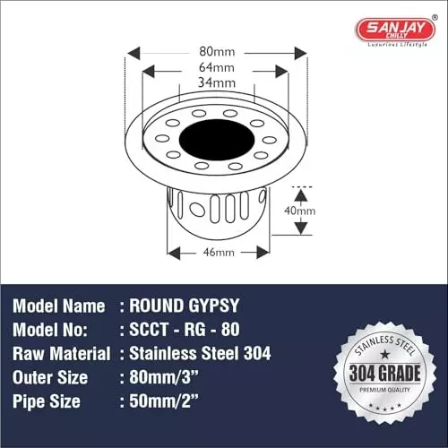 Shop sanjay-chilly-round-gypsy-floor-drainer-with-cockroach-trap-sliver-762-mm-scct-rg-80 Sanjay Chilly Round Gypsy Floor Drainer with Cockroach Trap and Pipe Hole Sliver 80 mm, SCCT-RG-80