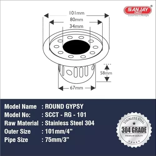Order sanjay-chilly-round-gypsy-floor-drainer-with-cockroach-trap-sliver-1016-mm-scct-rg-101 Sanjay Chilly Round Gypsy Floor Drainer with Cockroach Trap and Pipe Hole Sliver 101 mm, SCCT-RG-101