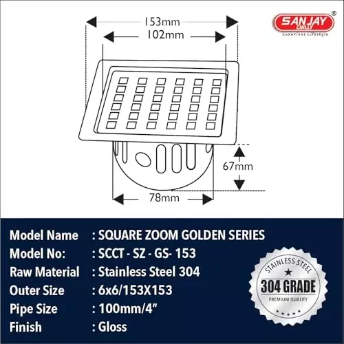Order sanjay-chilly-square-zoom-golden-floor-drainer-with-cockroach-trap-silver-1524-x-1524-mm-square-zoom Sanjay Chilly Square Zoom Golden Floor Drainer with Cockroach Trap Silver 153 x 153 mm, SCCT-SZ-GS-153