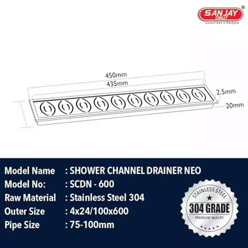 Buy sanjay-chilly-neo-shower-drainer-channel-silver-side-hole-1016-x-6096-mm-scdn-600 Sanjay Chilly NEO Shower Drain Channel Silver Side Hole 100 x 600 mm, SCDN- 600