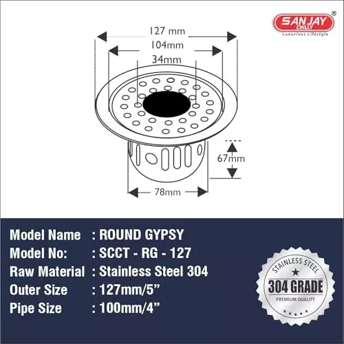 Order sanjay-chilly-round-gypsy-floor-drainer-with-cockroach-trap-sliver-127-mm-scct-rg-127 Sanjay Chilly Round Gypsy Floor Drainer with Cockroach Trap and Pipe Hole Sliver 127 mm, SCCT-RG-127