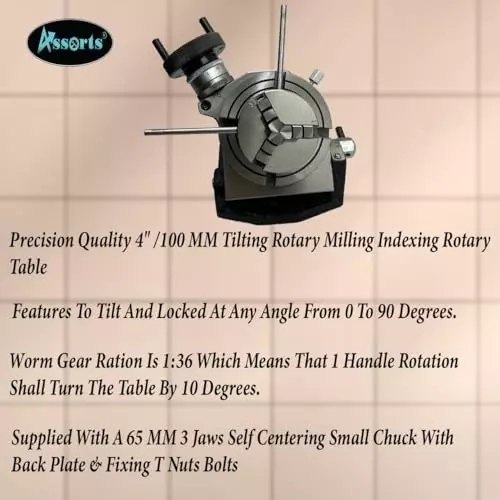 Shop assorts-tilting-milling-indexing-rotary-table-b07dlngkgv Assorts Quality Precision Tilting Milling Indexing Rotary Table 100 mm (4 Inch) with Small Chuck, Back Plate & Fixing T Nuts Bolts (with 65 mm 3 Jaw)
