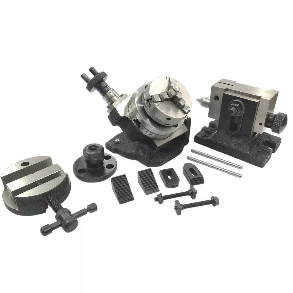 Assorts Tilting Rotary Table 80 mm (3 Inch) with 65 mm 3 Jaws Self Centering Chuck, Back Plate, ER16, Round Vice, M6 Clamp Kit & Tailstock Assorts Tilting Rotary Table 80 mm (3 Inch) with 65 mm 3 Jaws Self Centering Chuck, Back Plate, ER16, Round Vice, M6 Clamp Kit & Tailstock