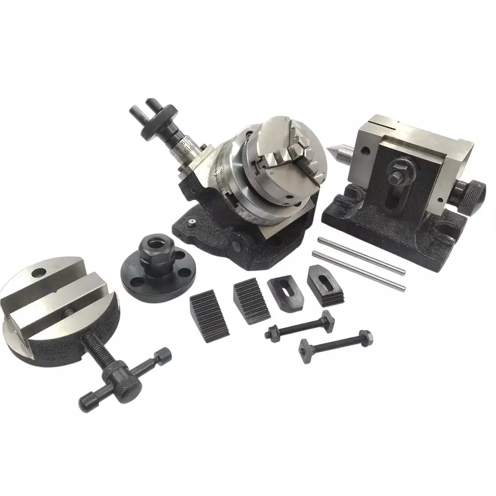 Assorts Tilting Rotary Table 80 mm (3 Inch) with Round Vice, 65 mm 3 Jaws, ER16 Collet Adaptor, M6 Clamp Kit, Back Plate & T Nuts Bolts & Tailstock Assorts Tilting Rotary Table 80 mm (3 Inch) with Round Vice, 65 mm 3 Jaws, ER16 Collet Adaptor, M6 Clamp Kit, Back Plate & T Nuts Bolts & Tailstock
