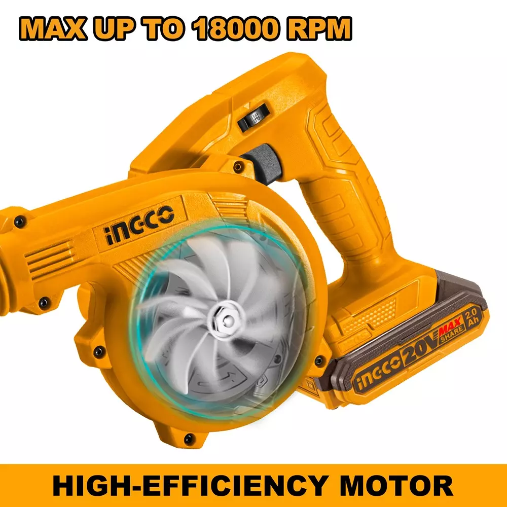Buy ingco-cordless-blower-20-v-0-90000-18000-rpm-no-load-speed-and-27-mmin-max-air-volume-cabli200181-with-battery-charger Ingco Cordless Blower 20 V, 0-9000/0-18000 RPM No Load Speed and 2.7 m³/min Max. Air Volume, CABLI200181 (With Battery & Charger)