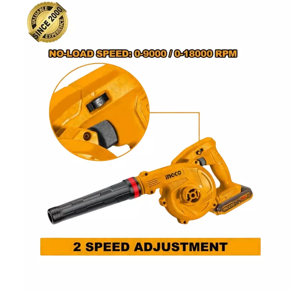 Best ingco-cordless-blower-20-v-18000-rpm-no-load-speed-and-27-mmin-max-air-volume-cabli20781-with-battery-charger Ingco Cordless Blower 20 V, 18000 RPM No Load Speed and 2.7 m³/min Max. Air Volume, CABLI20781 (With Battery & Charger)