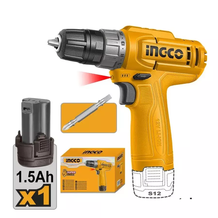 Ingco Cordless Drill 12 V, 10 mm Chuck Size and 750 RPM No Load Speed, CDLI12456 (With Battery, Without Charger) Ingco Cordless Drill 12 V, 10 mm Chuck Size and 750 RPM No Load Speed, CDLI12456 (With Battery, Without Charger)
