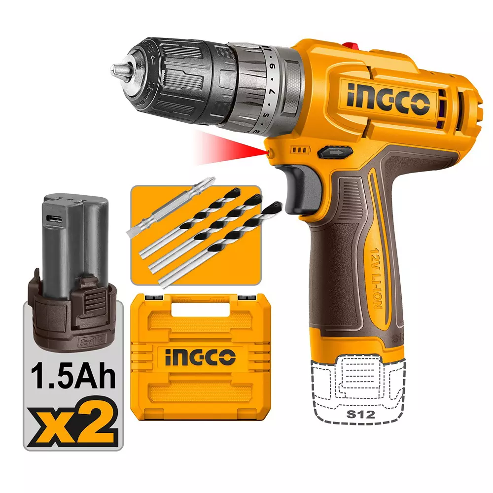 Ingco Cordless Impact Drill 12 V, 10 mm Chuck Size and 1500 RPM No Load Speed, CIDLI12206 (With Battery, Without Charger) Ingco Cordless Impact Drill 12 V, 10 mm Chuck Size and 1500 RPM No Load Speed, CIDLI12206 (With Battery, Without Charger)