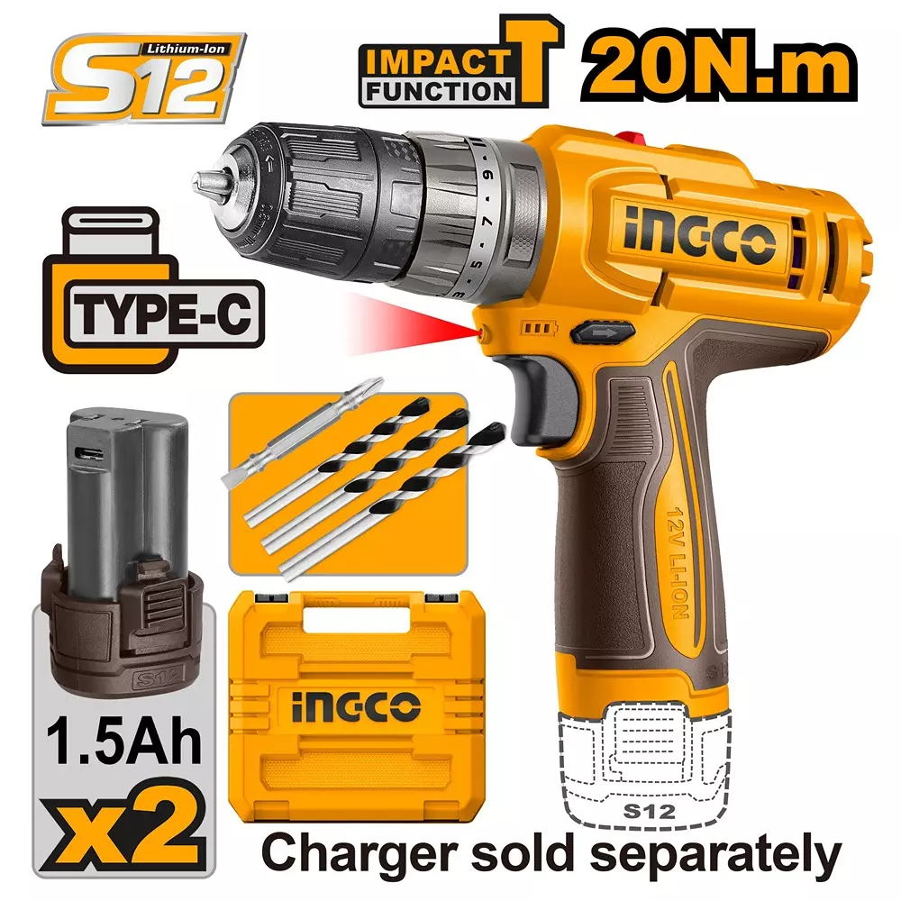 Buy ingco-cordless-impact-drill-12-v-10-mm-chuck-size-and-1500-rpm-no-load-speed-cidli12206-with-battery-without-charger Ingco Cordless Impact Drill 12 V, 10 mm Chuck Size and 1500 RPM No Load Speed, CIDLI12206 (With Battery, Without Charger)