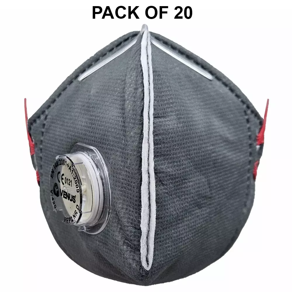 Buy venus-ffp2-nr-d-universal-fit-nose-mask-with-volv-embedded-nose-clip-flat-fold-grey-for-pollution-dust-protection-use-v-420-pack-of-20-pcs Venus FFP2 NR D Universal Fit Nose Mask with Volv Embedded Nose Clip Flat Fold Grey for Pollution Dust Protection Use, V-420 (Pack of 20 Pcs)