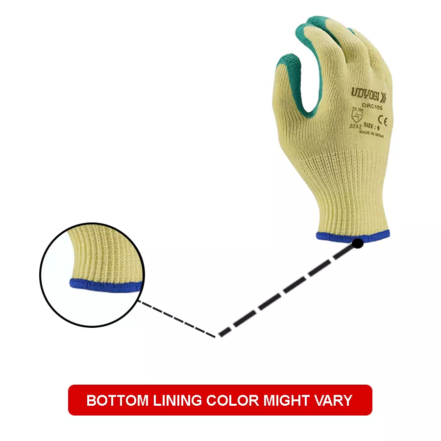 Buy udyogi-safety-gloves-2-thread-poly-cotton-with-latex-coating-on-palm-and-fingers-10-gauge-green-yellow-free-size-drc-105 Udyogi Safety Gloves 2-Thread Poly-Cotton with Latex Coating on Palm and Fingers 10 Gauge Green & Yellow Free Size, DRC-105