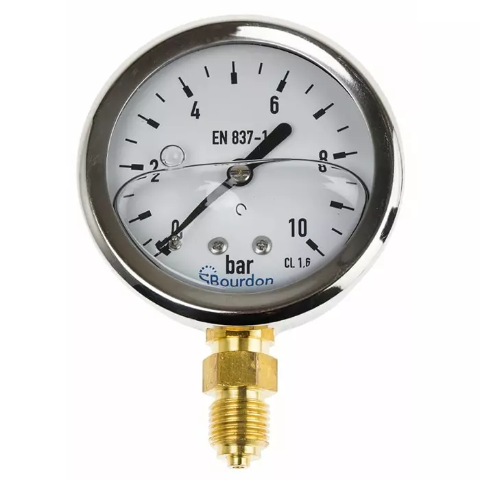 Bourdon G 1/4 Analogue Pressure Gauge 10 Bar Bottom Entry 63 mm Outside Diameter With RS Calibration, MIT3D22B22 Bourdon G 1/4 Analogue Pressure Gauge 10 Bar Bottom Entry 63 mm Outside Diameter With RS Calibration, MIT3D22B22
