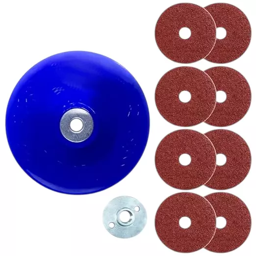 Sandcastle 6 Pcs Fiber Sanding Disc Set With Backing Pad, Metal Nut 5 inch (125 mm) Diameter x 22 mm Bore Size x 36, 60. 80, 120 Mixed Grit and Aluminium Oxide Material