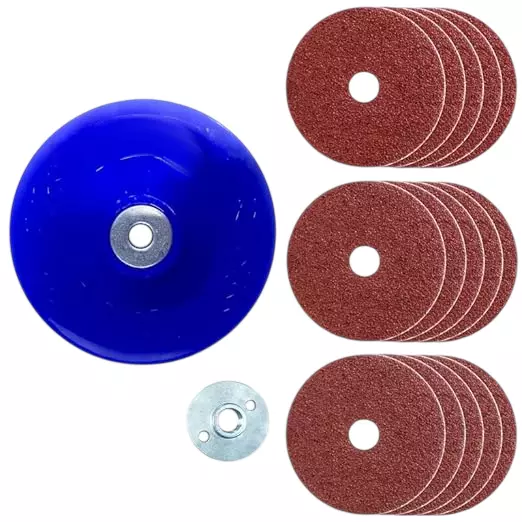 Sandcastle 15 Pcs Fiber Sanding Disc Set With Backing Pad, Metal Nut 5 inch (125 mm) Diameter x 22 mm Bore Size x 120 Grit and Aluminium Oxide Material
