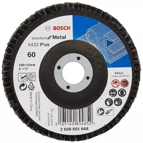 Bosch Flap Disc 4 inch (100 mm) Diameter x 16 mm Bore Size, 60 Grit Aluminium Oxide, X433