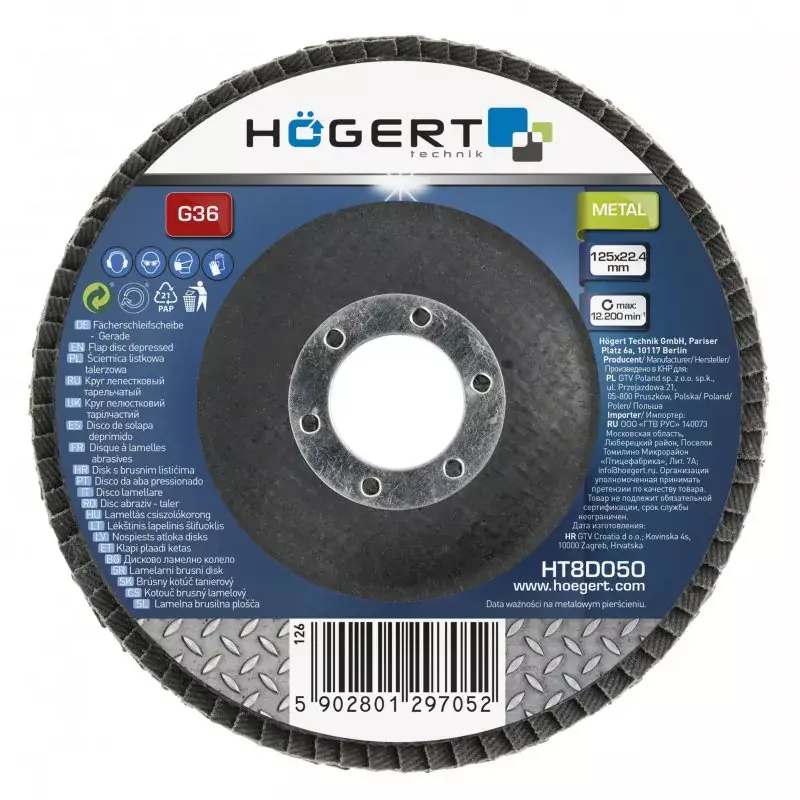 Hogert Technik Flap Disc Alumina Coated with Textile Base, 5 inch (125 mm) Diameter x 22.4 mm Bore Size and G40 Grit, HT8D051