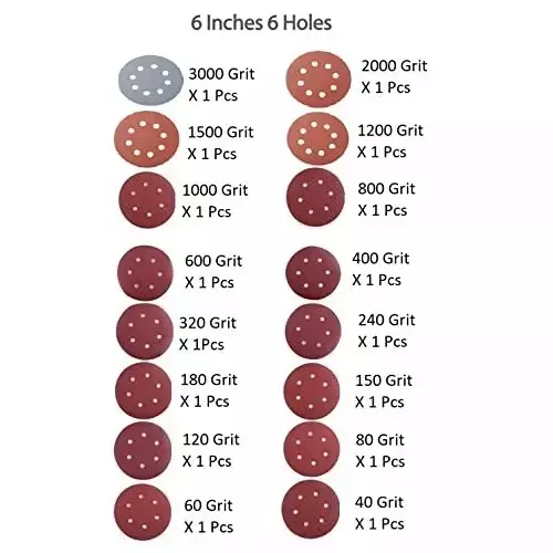 Oriental 150 mm (6 Inch) 40, 60, 80, 120, 150, 180, 240, 320, 400, 800, 1000, 1200, 1500, 2000, 3000 Grit Sanding Disc (Pack of 16 Pcs)