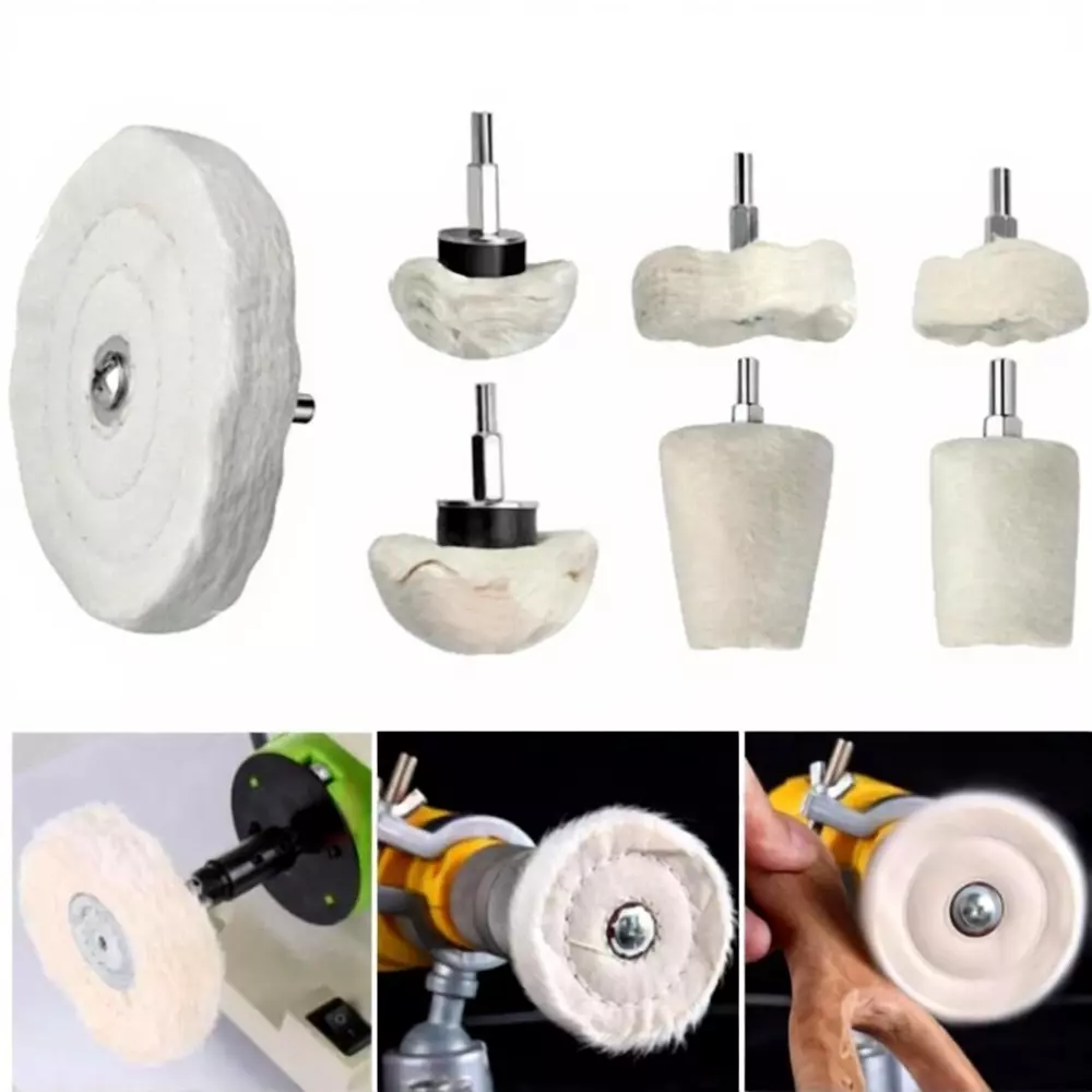Jawsons Polishing & Buffing Wheel Kit Multi-Shape Premium Cotton Flannel 6 mm Shank Compatible (Set of 7 Pcs)